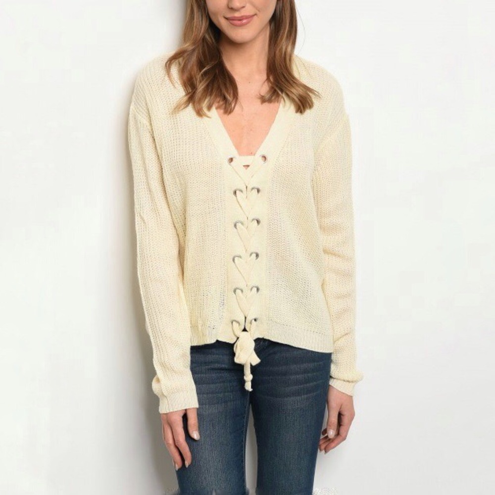 Pretty Ivory Lace Up Sweater